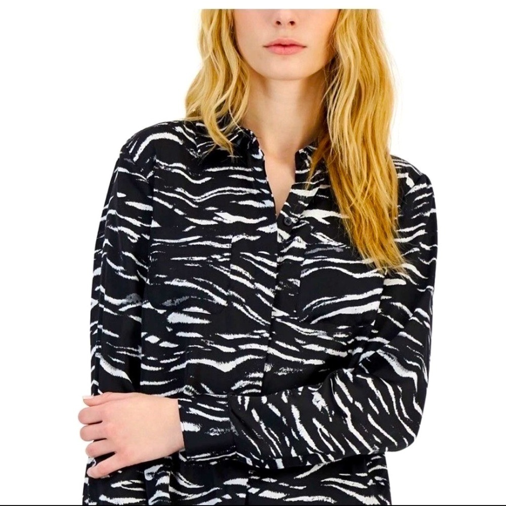 I.N.C. International Concepts Black & White Zebra Animal Print Blouse Size L